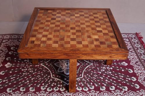 Image of Solid Sheesham Wood Coffee Table and 4 Stools with Coushion, Tea Table, Teapoy and Glass Top Furniture for Living, Guest Room, Holl Areas (Honey Finish)