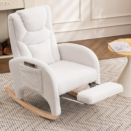 DEKKETO Teddy Rocking Chair with Headrest and Footrest, Large Nursing Chair with Side Pocket, Comfortable Breastfeeding Armchair for Nursery, Adults, White