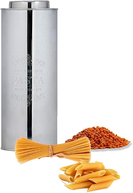 Kosma Stainless Steel Pasta Canister | Spaghetti, Pasta, Flour, Cereal, Pantry Containers | Food Storage Containers with Airtight Lids | Storage Jar | Keep Food Fresh - Silver Finish (Round) - 11"