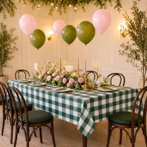 Image of Blue Orchards Green Gingham Table Cover (Pack of 3 with 20 glue dot) - 54 inchx108 inch XL - Green and White Checkered Picnic Plaid Cloth, Plastic Rectangle Decoration for BBQ, Outdoor Birthday Party Supplies
