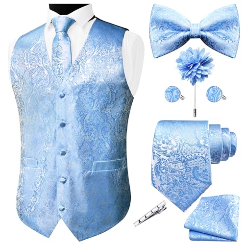 GUSLESON Mens Sky Blue Vest Tie and Bow Tie Set Formal Waistcoat Paisley Floral Jacquard Necktie Pocket Square Suit Vests Lapel Pin Wedding Party (0815-12-XXL)