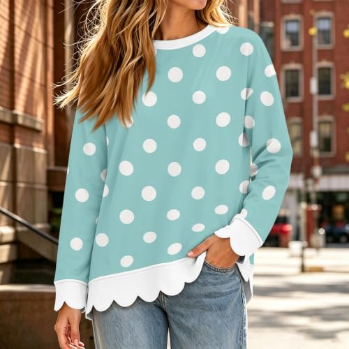 Jielayou Polka Dot Sweatshirt for Women Cotton Scalloped Hem Comfy Pullover | Women Clothes Trendy 2026, Casual, Going Out, Outdoor, Everyday Wear, Comfort Colors, Travel,Date, Vacation, Work, Beach - image 2