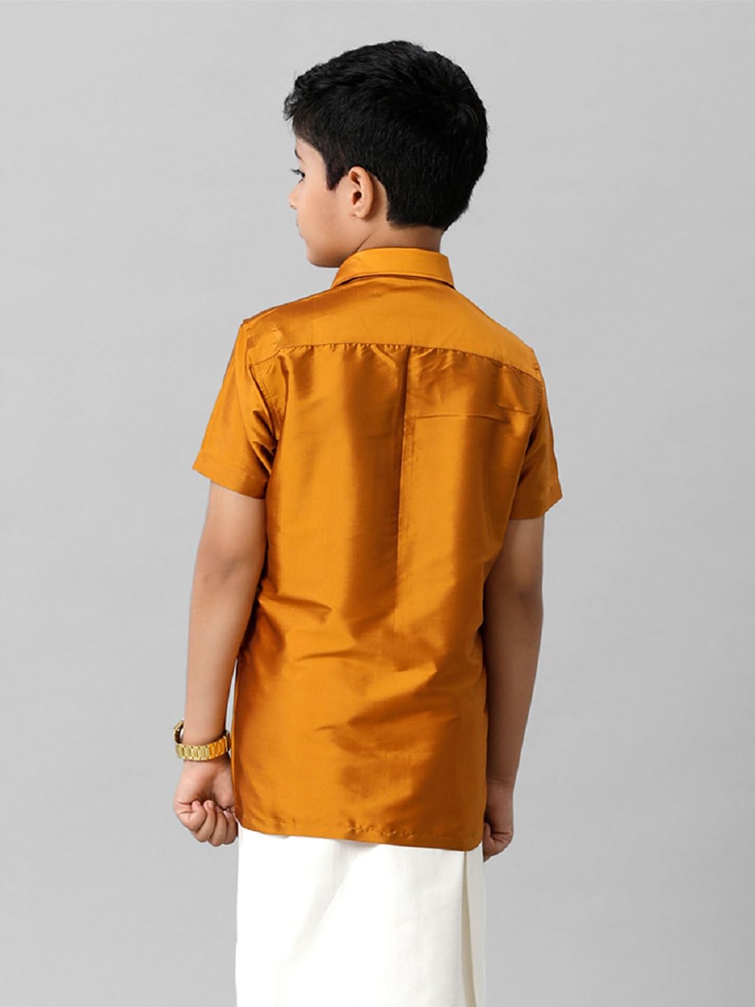 RAMRAJ COTTON Boys Slik Blend Mustard Solid Half Sleeve Shirt with Chest Pocket (Mustard ; 15-16 Years) - Image 2 thumbnail