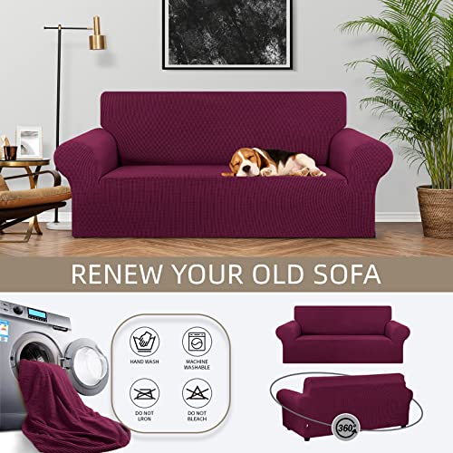 KEKUOU Stretch Loveseat Sofa Cover Slipcover,Couch Covers for 2 Cushion Couch Sofa (55"-78") Furniture Protector Sofa with Elastic Bottom for Kids,Dog. Jacquard Small Checked (Medium,Wine)
