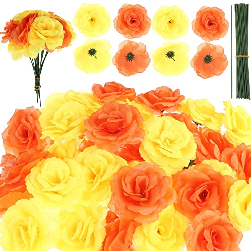 100 Stück künstliche Rosen mit Stielen, Kunstblumen, elegante Kunstblumen für Halloween, Weihnachten, Hochzeiten, Blumensträuße, Partys, Heimdekorationen (orange, gelb) Cover