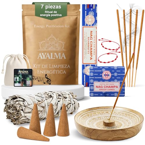 Kit de Limpieza Energética con Conos Incienso Nag Champa y Varillas, Salvia Blanca para Quemar, Pulseras Rojas 7 Nudos y Porta Incienso de Madera – Natural sin Tóxicos