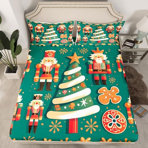 Homemissing Christmas Fitted Sheet King Size Merry Christmas Bedding Set Nutcracker Bed Sheet Set Gingerbread Man Bed Cover Emerald Green Bed Set