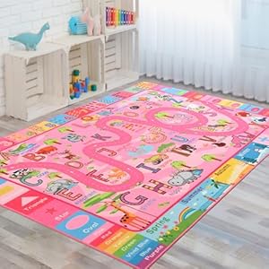 Terrug Kids Rug for Playroom, Educational Classroom Rug for Kids Room, Washable Nursery Rugs Non Slip Playroom Rugs Play Mat for Learning ABC Carpet, Numbers, Animal, Colors, Season, 3X5 Feet, Pink