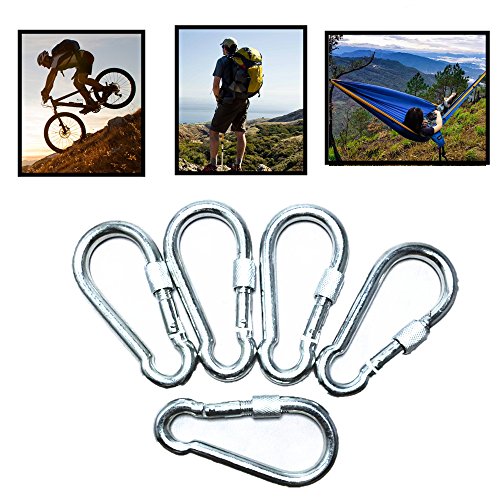 Eskoni 5 Pc 4.5" Big Heavy Duty 750Lbs Stainless Steel Non Rust Spring Snap Keychain Clip Hook Carabiner Screw Lock Key Ring Hook With Spring Loaded Gate,Outdoor, Camping, Traveling, Hiking Etc #TOP5