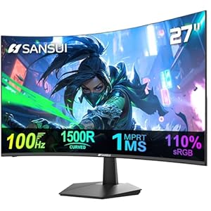SANSUI Curved 27 Inch Monitor 100Hz Computer Monitor 1Ms FHD 1080P 1500R|110% sRGB|HDMI|VESA Compatible,for Tablet,Desktop,Laptop and PC Work Gaming