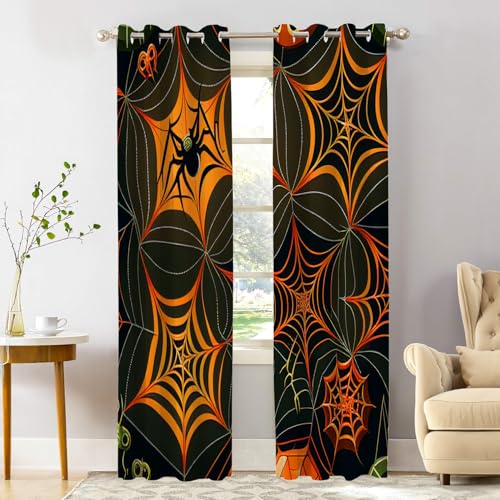 Shrahala Halloween Spider Web Blackout Window Curtains, Orange Spider and