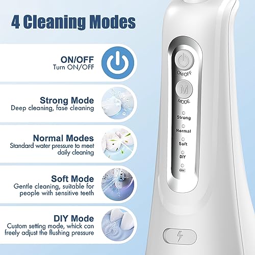 Munddusche Kabellos 4 Reinigungsmodi 4 Jet-Tipps, IPX7 Wasserdicht und USB Wiederaufladbarer Elektrische Zahnreiniger für Reise und Homful, Kieferorthopädischer, Zahnpflege – Bild 3