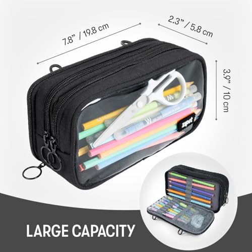 Image of ZIPIT Half & Half Pencil Case, 3 Compartment Zipper Pouch for School, Stationery Bag for Teen Girls Boys and Adults, Black