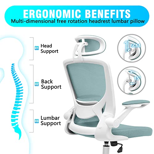 Kerdom Ergonomic Office Chair, Breathable Mesh Desk Chair, Lumbar Support Computer Chair With Headrest And Flip-Up Arms, Swivel Task Chair, Adjustable Height Gaming Chair, Lightblue #TOP2