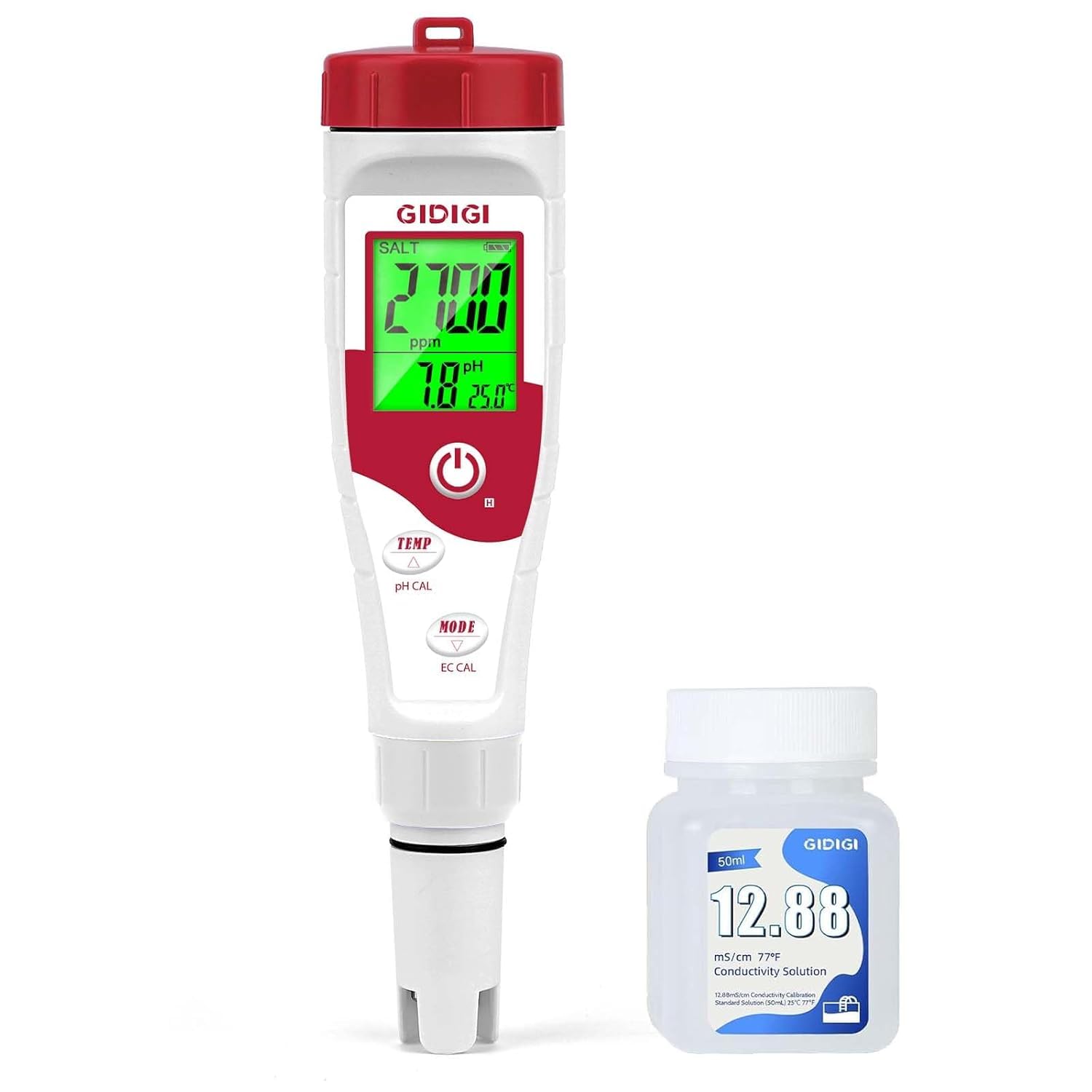 Medidor Salinidad Piscina, 5 en 1 Comprobador pH Sal EC TDS y Temp, con Solución de Calibración 12.88mS/cm, Kit Analizador Piscina Agua Salada para Piscinas, Acuarios, Hidroponía y Agua Potable