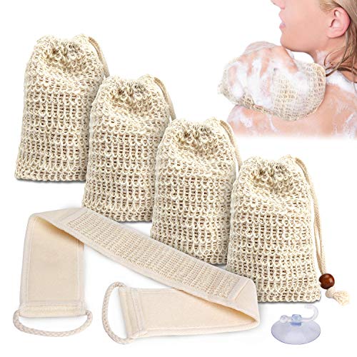 ISUDA 4 bolsas de jabón de sisal + 1 kit de depurador posterior bolsa de jabón de producto natural, bolsa de jabón de sisal 100% vegana para secar y hacer espuma del jabón