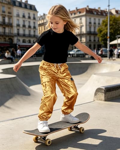 Image of SANGTREE 2 Piece Outfits Women, Black Short Sleeve+ Gold Cargo Jogger Pants with Multi Pockets Elastic Waist, Large