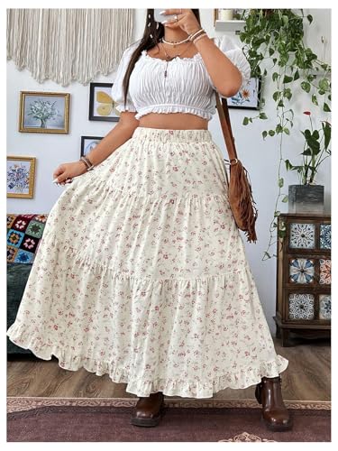 SweatyRocks Women's Plus Size High Waist Floral Print Ruffle Flowy A Line Maxi Skirts4