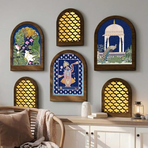 Image of MDF Jharokha Wall Mirror for Home Decor | Traditional Decorative Wall Hanging Jharokha Mirror | Premium Mirrors for Living Room Bedroom Set of 6 (9x12 inch & 7.5x9.5 inch)