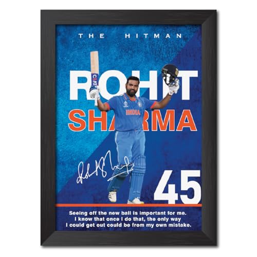 Image of TenorArts Rohit Sharma Poster with Quotes Indian Legend Cricket Player Photo Frame Painting with Matt Finish Black Textures (12 inches x 9inches)