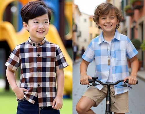 Image of Boys Short Sleeve Button Down Shirts, Plaid and Striped Pattern, Cotton Casual Tops, Pack of 2
