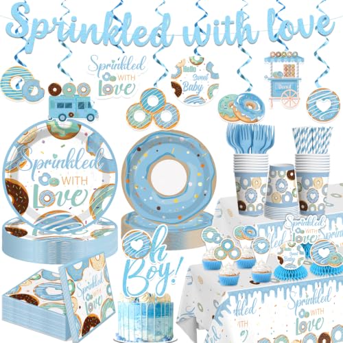 cocomigo Baby Sprinkle Decorations for Boy with Cake Topper Honeycomb Centerpieces 25 Serves Disposable Tableware Set Banner Plates Napkins Cup Table Cloth for blue baby boy sprinkle decorations