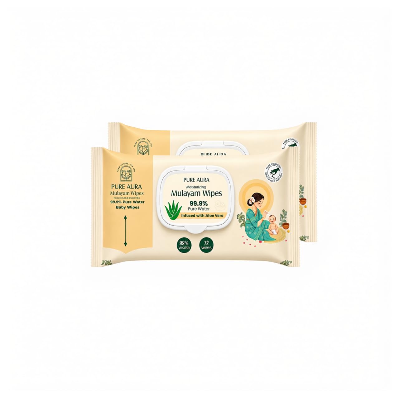 Pure Aura Baby Wipes with 99.99% Pure Water | Pack of 2 (144 Wipes) | Ultra Soft & Thick | Natural Plant-Based | Infused with Aqua & Aloe Vera | Gentle & Safe for Newborns-image-33