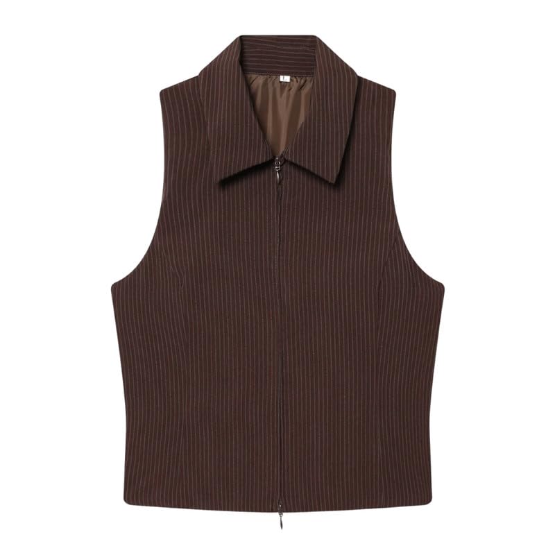 Women's Striped Sleeveless Vest Flap Collar Zipper Front Casual Regular Fit Lightweight Top-image-45