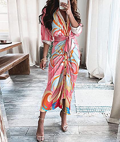 Image of FYEARFOX Women's Button Down Shirt Dress Ruched Split Maxi Dresses Long Sleeve Wrap V Neck Tie Waist Party Clubwear