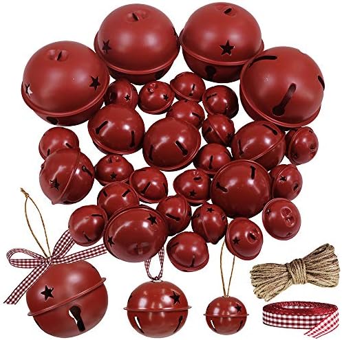 Winlyn 30 Pcs Burgundy Jingle Bells with Star Cutouts Christmas Metal Sleigh Bells Rustic Craft Bells for Christmas Tree Wreath Garland Ornaments Holiday DIY Decorations Assorted Sizes 1.6" 2.4" 3.5"