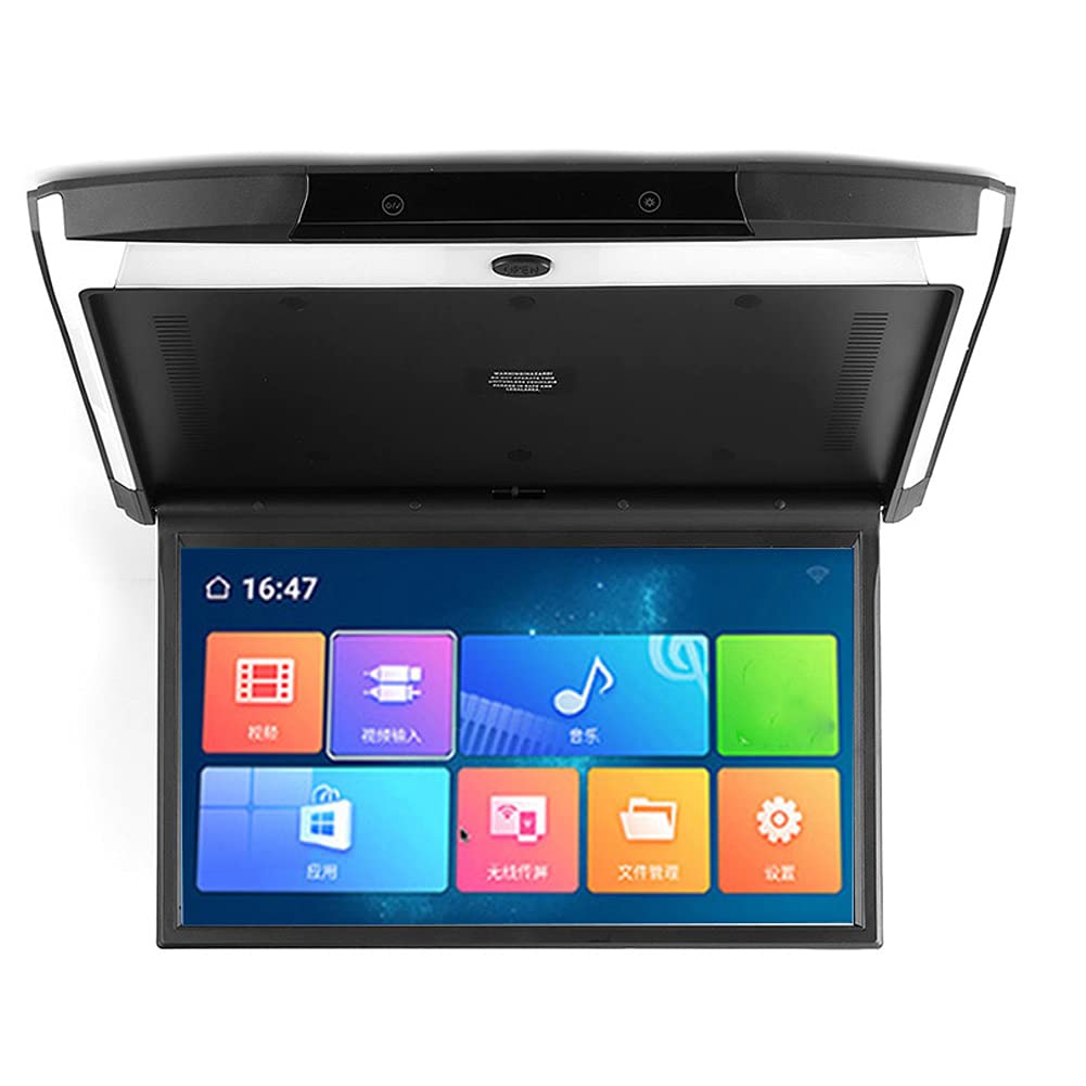 Qiilu Moniteur Rabattable Voiture, 17,3 Pouces IPS Flip Down Display 1080P Video Car Overhead Player Toit Plafond Mount Bluetooth TV WiFi HDMI USB SD FM MP5 Lecteur de Haut Parleur pour Android 8.1