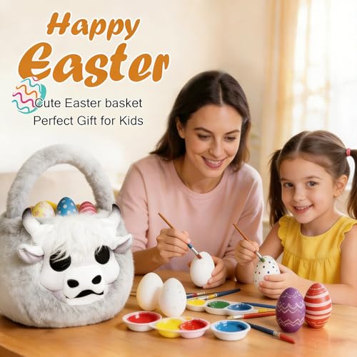 Image of Easter Basket, Soft skeleton Cow Plush Baskets, Easter Egg Hunt Buckets, Easter Decorations Indoor Outdoor, Cute Easter Gifts for Kids, Adults, Teens, Toddlers, Girls