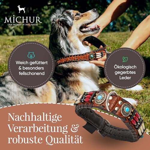 MICHUR Carlota Halsband Indianer, Hundehalsband Leder Braun, Lederhalsband Hund, Halsband, MIT TÜRKISEN Steinen, in verschiedenen Größen erhältlich