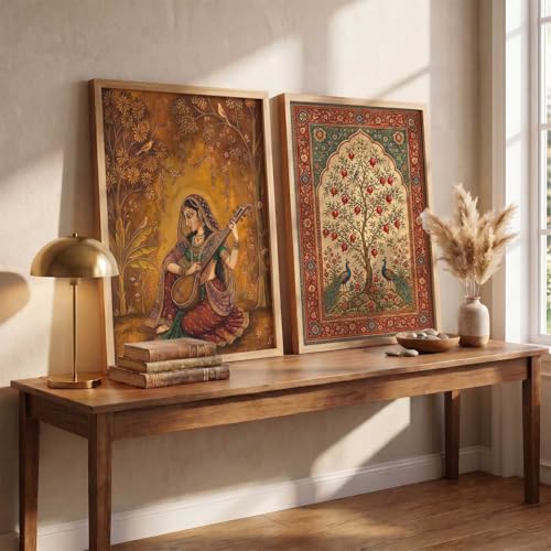 Image of kotart Madhubani Art Wall Painting Traditional Home Decoration With Frame For Living Room Bed Room Hotel Wall Decor Digital Reprint Set of 2 (10X13 INCH)