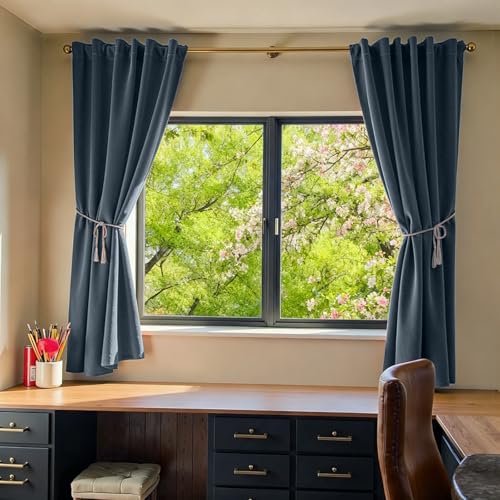 Image of Blackout Dark Slate Velvet Curtains Rod Pocket 52x72 Inch 2 Panels | Soft Velvet, For Small Windows, Kitchens & Bathrooms, Light Shifting Texture, Elegant Drape, Serene, Fresh