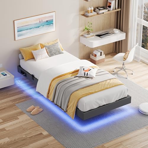 IRONCK Bett 90x200 mit LED Beleuchtung und Ladestation, Bettgestell 90x200cm mit Stauraum, Floating Bed Frame, Bettrahmen 90x200cm, Jugendbett, Metallbett mit Lattenrost Einzelbett, Grau