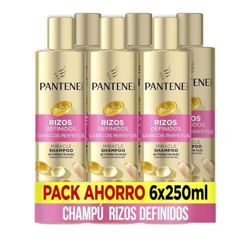 Pantene Pro-V Rizos Definido Champú Miracle 6x250ml para Rizos Rebeldes y Encrespados. Fórmula Pro-V con Mezcla de Nutrientes y Active Nutri-Plex. Protege Enlaces Capilares y Nutre. Aceite de Ricino