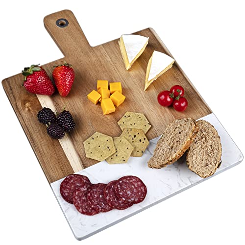 Hearthford White Marble Serving Board - Marble Cheese Board | Acacia Wooden serving Tray for Charcuterie, Cheese, Meats, Fruit, Crackers| Marble cutting board, marble tray, white marble slab rectangle