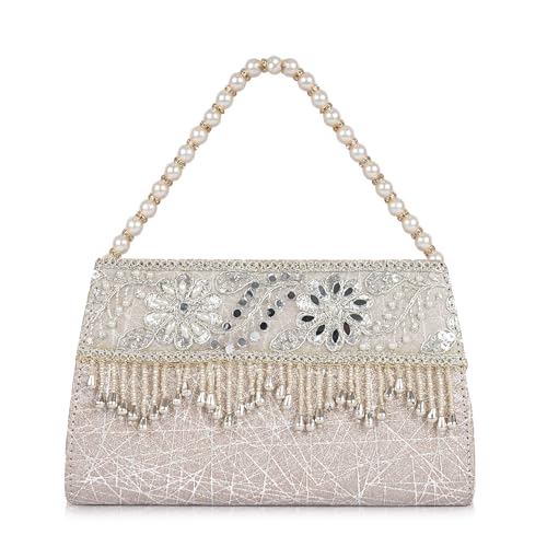Image of Nevis Women's Embellished Clutch with Pearl Handle | Fancy Designe & Wedding Potli Bag for Festive & Evening