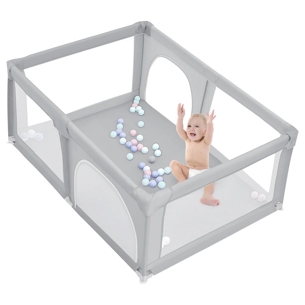 Parque para bebés – Patio extra grande para niños pequeños, zona de juegos segura para el interior. Malla transpirable en los lados, con 50 bolas, fácil montaje y almacenamiento
