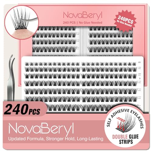 Self Adhesive Lash Clusters,Volume Eyelashes Cluster 240PCS,Double-Row Sticky Strips No Glue Needed,8-16mm DIY Individual Lash Extensions,Soft Thick False Eyelashes with Tweezers by NovaBeryl