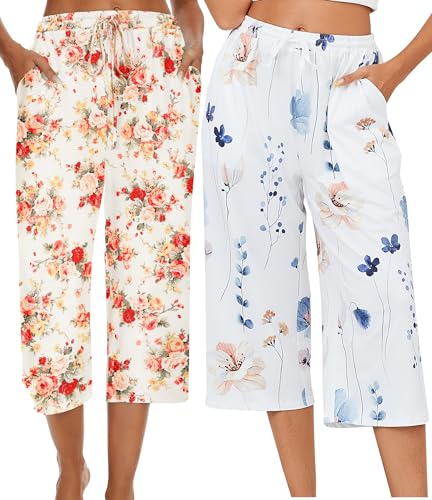 Image of Kabento 2 Pack Womens Pajama Pants Capri Sleep Lounge Pants Drawstring Pj Bottoms with Pockets