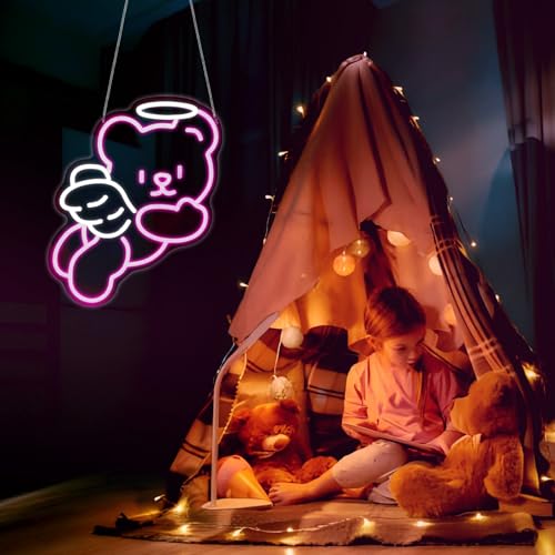 Image of Bear Angel Neon Sign Led Neon Lights Neon Signs for Wall Decor Light Up Sign for Birthday Party Club Gift