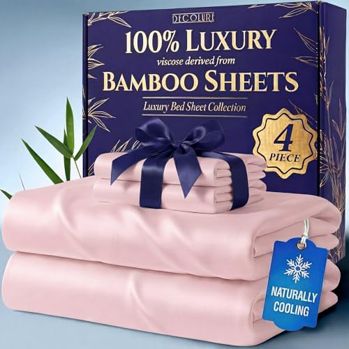 Image of DECOLURE 100% Viscose Derived from Bamboo Sheets California King Size - Luxury 4 Pc Naturally Cooling Sheets, Ultra Soft Bed Set - Deep 17 inch Pockets, Double Stitching, Oeko Tex Standard (Light Pink)