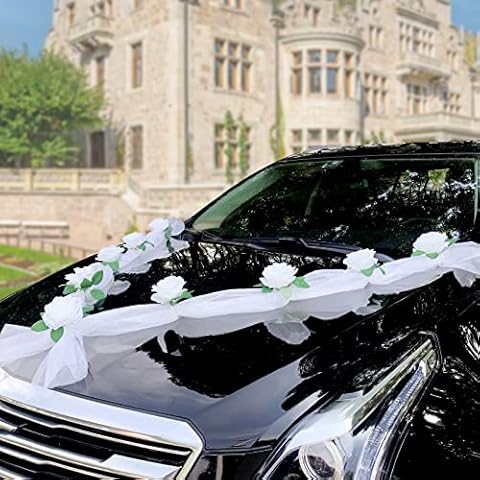 Decoration Kit for Car Wedding Decorations Wedding Car Decorations with 11 Artificial Roses White for Hood and Rearview Mirror, 2 Pcs White Tulle Ribbon, Suction Cups Cover