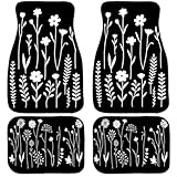 Botanical Car Floor Mats Set of 4 Black White Minimalist Floral Silhouette Automotive Foot Mats Rugs Carpet for Car Non-Slip Auto Car Accessories Universal Fit Car Accessories for Truck