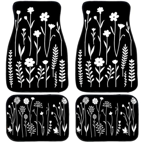 Botanical Car Floor Mats Set of 4 Black White Minimalist Floral Silhouette Automotive Foot Mats Rugs Carpet for Car Non-Slip Auto Car Accessories Universal Fit Car Accessories for Truck