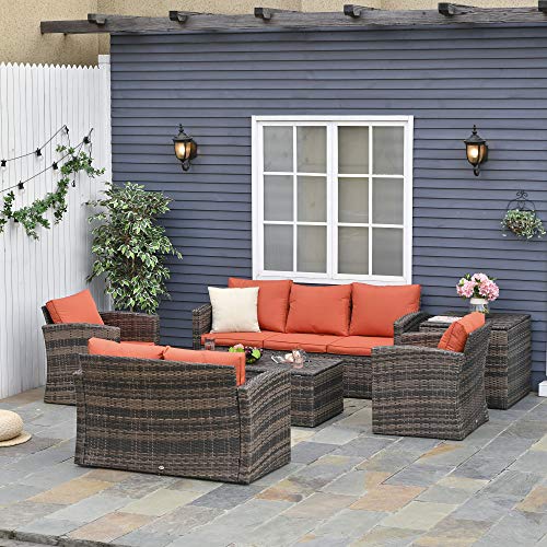 Outsunny 6 Pieces Wicker Patio Furniture Set with Cushions, 7-Seater Rattan Patio Sofa Set with Storage Coffee Table & Side Table, Sectional Outdoor Furniture Set, Orange - Image 3