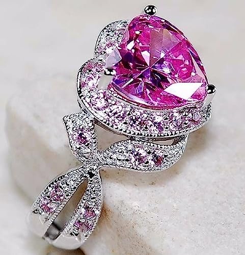 925 Sterling Silver Heart Shape Perfect Cut 3 Carat Pink Gemstone Rings Fashion Women's Pink Crystal Rings Cubic Zirconia Promise Love Halo Engagement Wedding Rings Women's Eternity Rings 560 (6)3