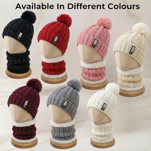 Image of Kraptick Women's Winter Beanie Cap and Scarf Set with Soft Fleece Lining, Thick Cable Knit Woolen Cap for Ladies & Neck Warmer for Extreme Cold Stylish Pom Pom Hat & Scarf Set -7